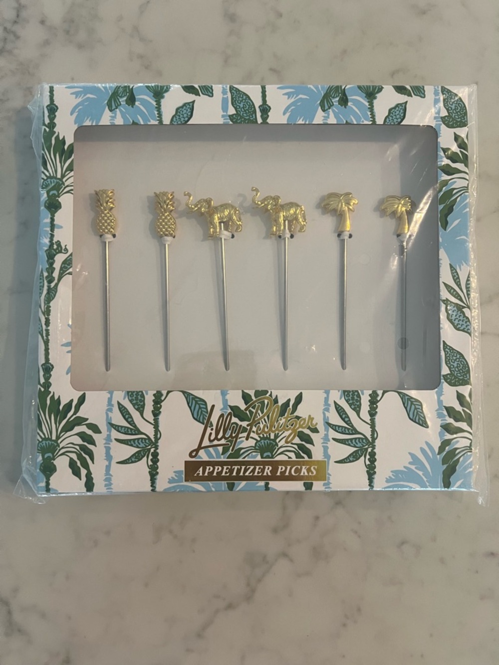 Lilly Pulitzer Appetizer Picks Set 6 Pineapple Elephant Palm Tree Gold Finish